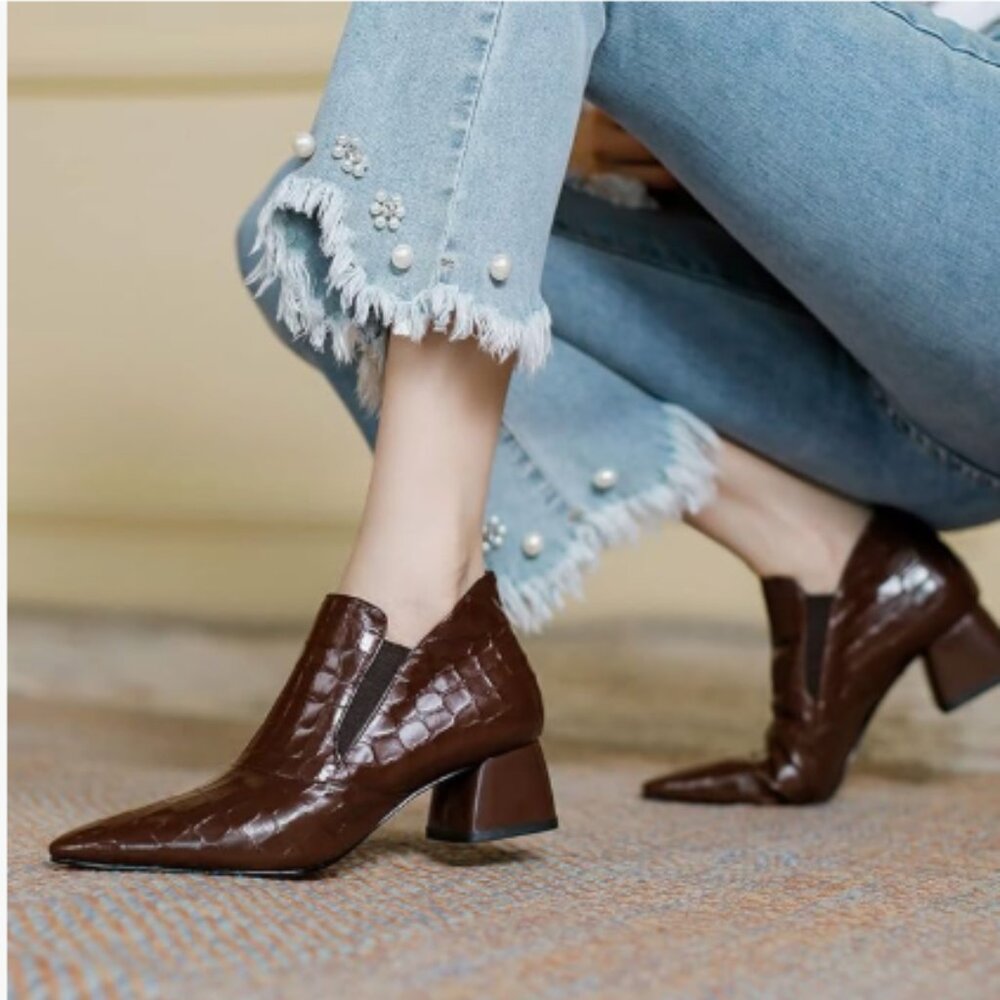 YDN Chocolate Sexy Pointed Toe Ankle Boots Chunky Low Heel Booties Pull on Shoe